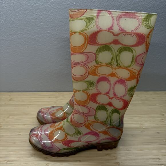 Women's Coach Pixy Dream Signature Print Rubber Rain Boots Multicolor Sz 6 - Picture 1 of 5